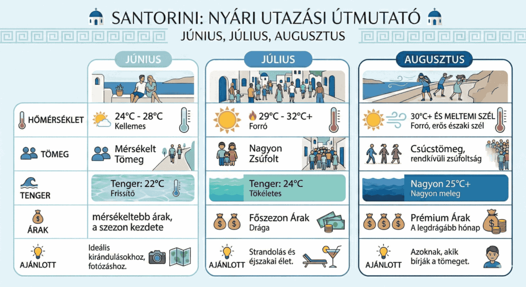 Santorini időjárás és árak összehasonlítása: június, július, augusztus